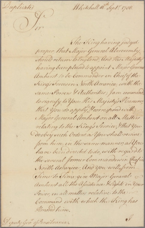 Letter to [William Denny] Deputy-Governor of Pennsylvania