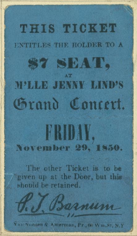 Ticket to Jenny Lind's grand concert, Friday Nov. 29, 1850
