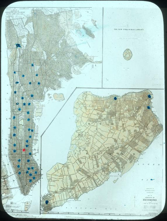 Map of Staten Island and of Manhattan, with blue stars [locations of branches?], 1913, 1916