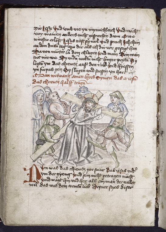 Christ carrying cross on the road to Calvary, rubric, initial, placemarker