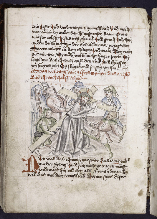 Christ carrying cross on the road to Calvary, rubric, initial, placemarker