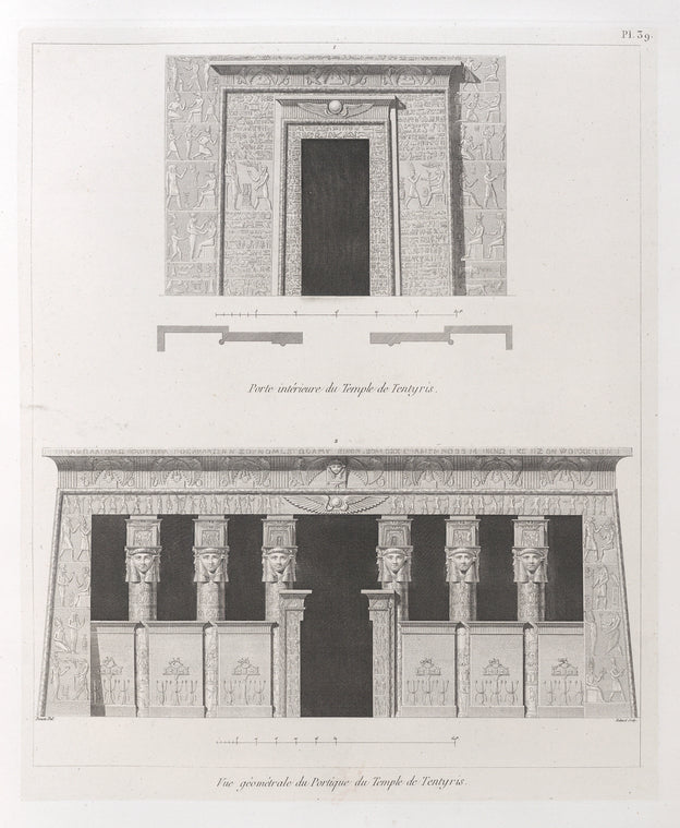 1. Porte intérieure du Temple de Tentyris [Dandara]; 2. Vue géométrale du portique du Temple de Tentyris [Dandara].