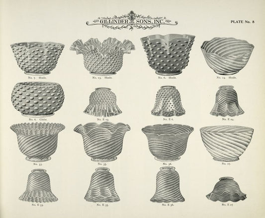 Gas shades, ruby, pink, opalescent and straw.