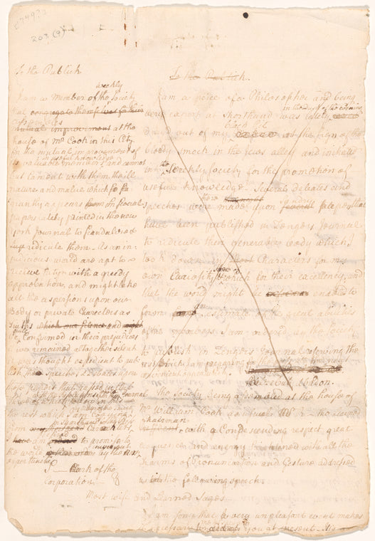 To the Publick. I am a member of the weekly Society that assembles at the house of Mr. Cook