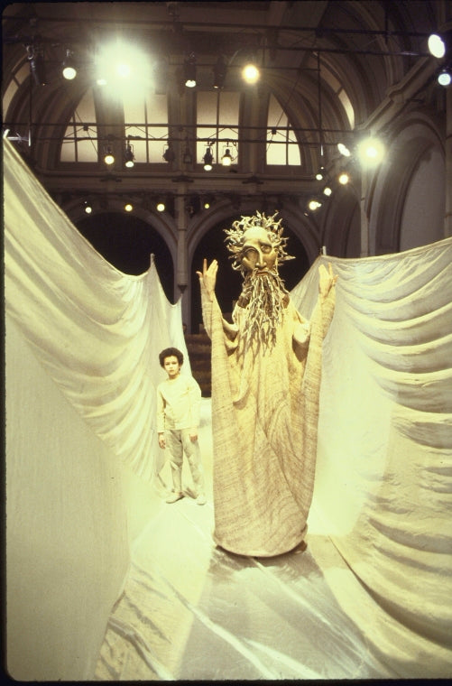 Actors (L-R) Craig Chang & Martin Robinson (wearing mask & costume designed by Julie Taymor) in a scene fr. the New York Shakespeare Festival's production of the play "The Haggadah." (New York)