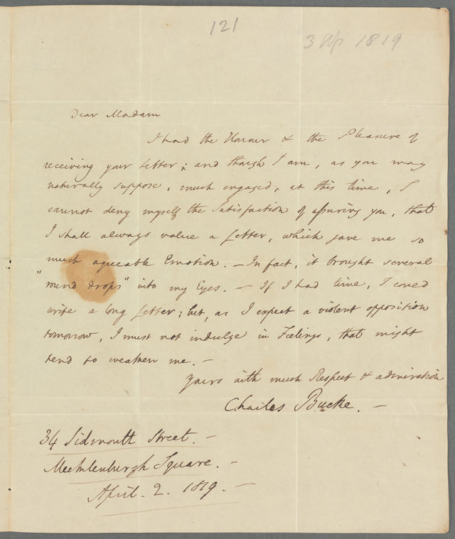 Charles Bucke to Jane Porter, autograph letter signed