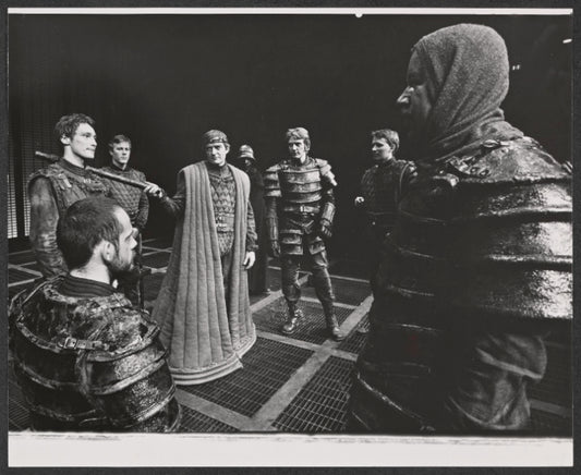 Christopher Lloyd, John Heard [left], Christopher Walken [center] and unidentified others in the 1974 New York Shakespeare production of Macbeth