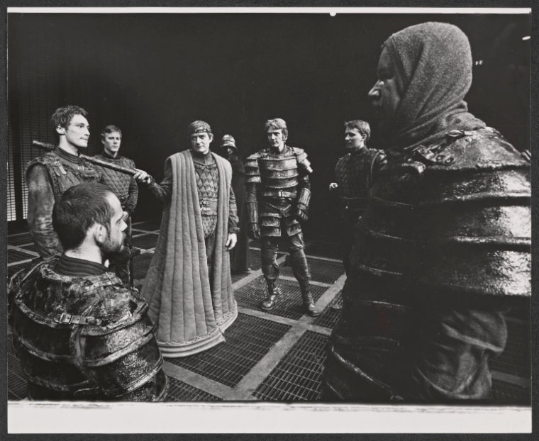 Christopher Lloyd, John Heard [left], Christopher Walken [center] and unidentified others in the 1974 New York Shakespeare production of Macbeth