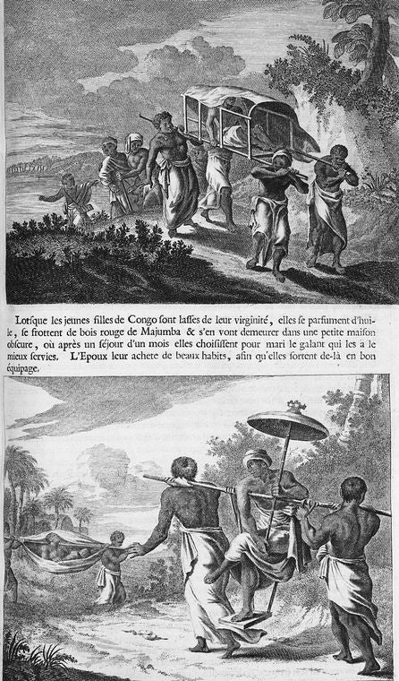 Man being carried by men walking.] ; [ Man holding umbrella while being carried by two men walking.]