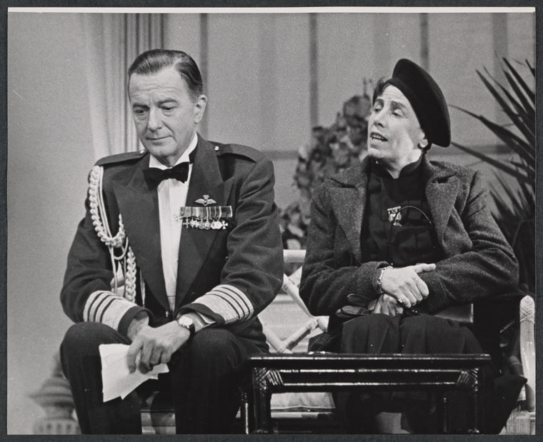 Maurice Evans and unidentified actress in the stage production The Apple Cart