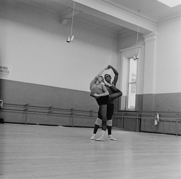 New York City Ballet rehearsal of "Agon" with Diana Adams and Arthur Mitchell, choreography by George Balanchine (New York)
