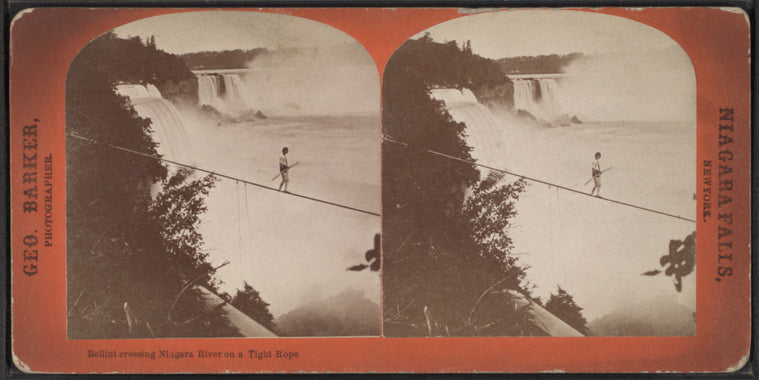 Bellini crossing the Niagara River on a tight rope.