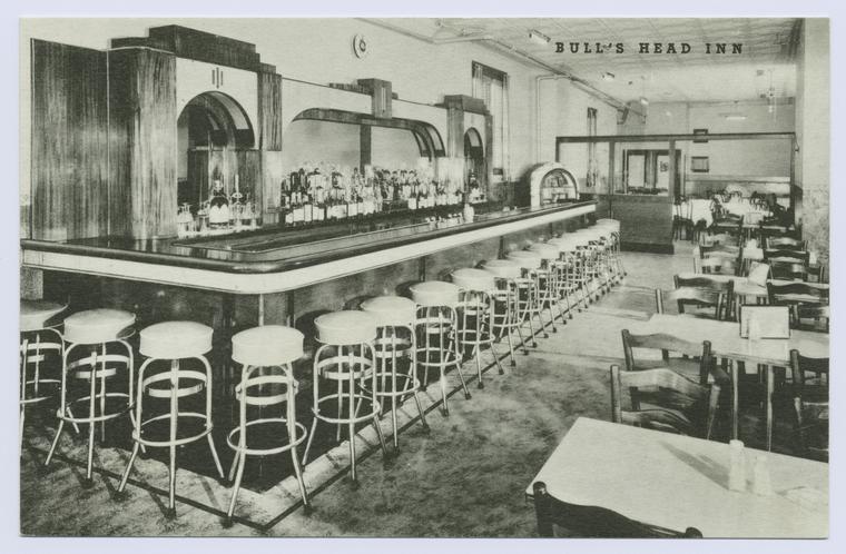 Bull'sHead Inn  [int. view of bar area, juke box in rear, and table dining area, ad text on back]