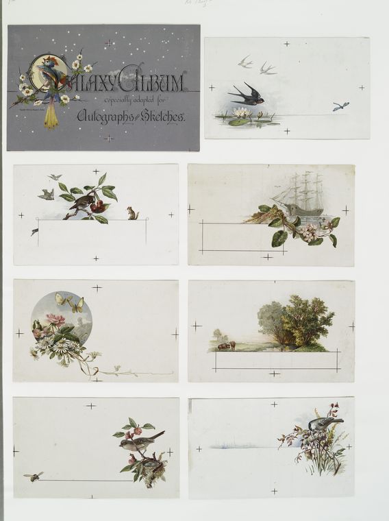 Galaxy Album especially adapted for autographs and sketches album cards depicting birds, bees, chipmunks, and landscapes