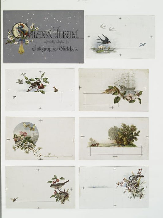 Galaxy Album especially adapted for autographs and sketches album cards depicting birds, bees, chipmunks, and landscapes
