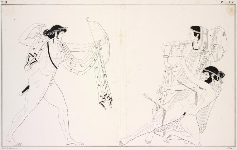 Apollo shoots arrows into Tityus, who abducted Latona