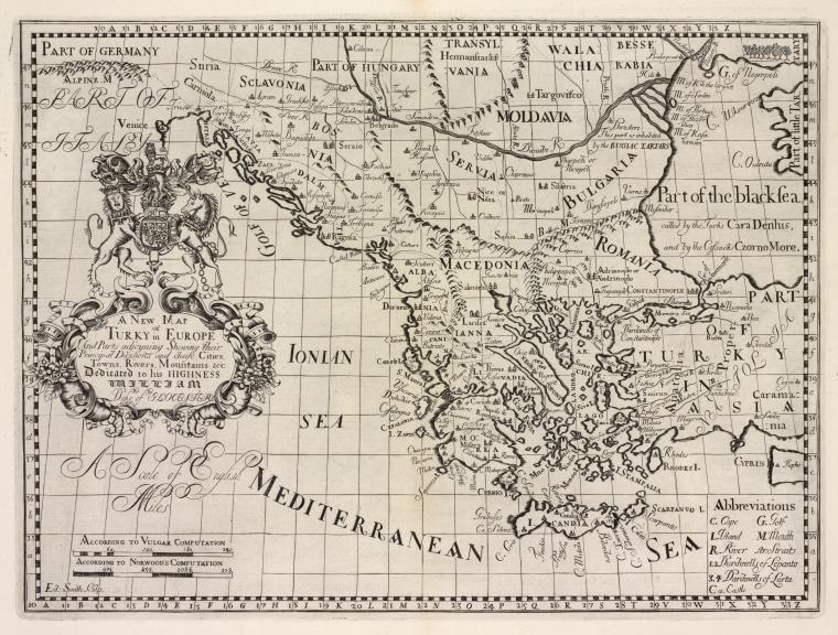 A new map of Turky in Europe and parts adjoyning shewing their principal divisions and chief cities, towns, rivers, mountains &c.