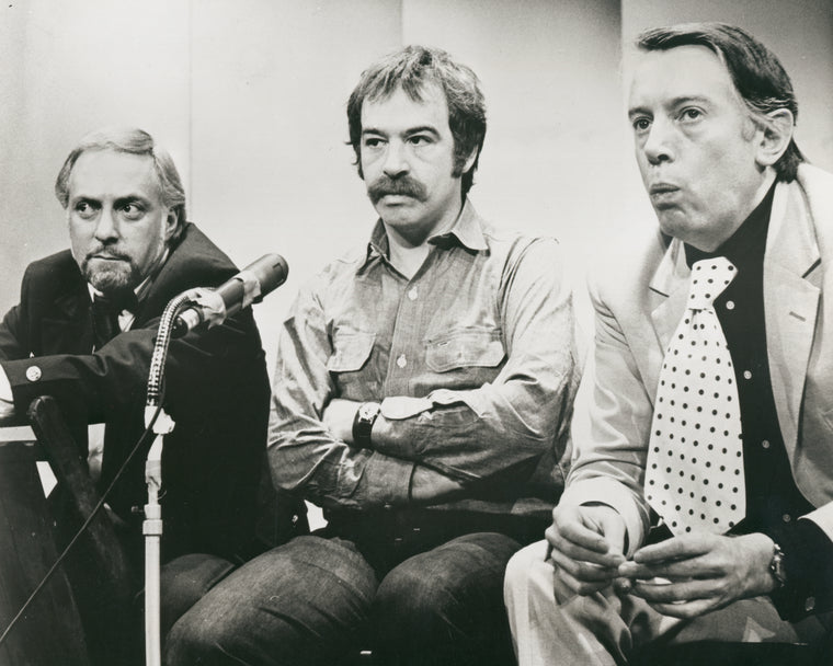 Hillard Elkins (producer), Jacques Levy (director), and Kenneth Tynan (creator) discussing Oh! Calcutta!