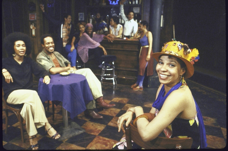 Playwright Ntozake Shange (R) with cast members in publicity shot for the New York Shakespeare Festival production of her play "spell #7." (New York)