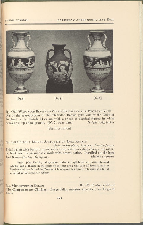 Pair of fine Minton pâte sur pâte porcelain vases (no. 642); Old Wedgewood blue and white replica of the Porland vase (no. 643)