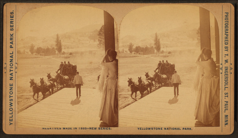 View of a woman looking at arriving stage coach.