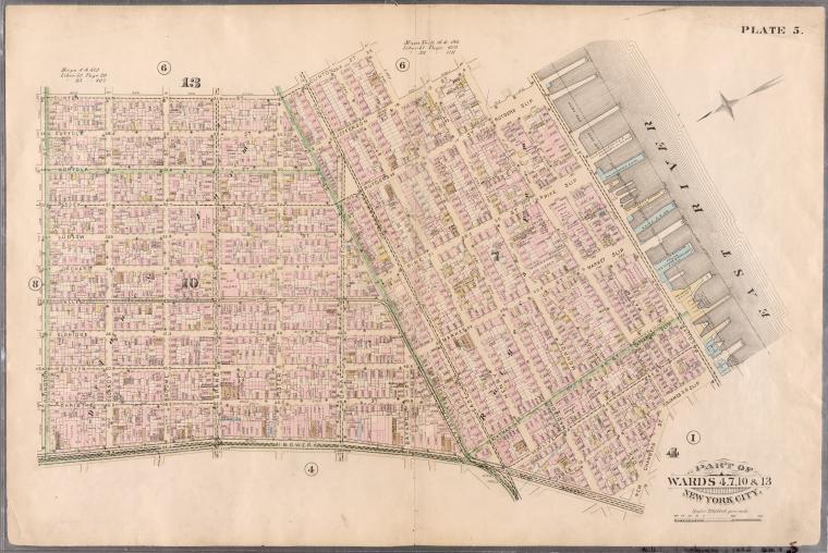 Plate 5: Bounded by Clinton Street, Madison Street, Jefferson Street, Cherry Street, Rutgers Slip, South Street (East River, Piers 32-44), James Slip, New Chambers Street, New Bowery Street, Bowery Street and Rivington Street