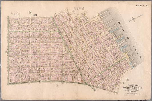 Plate 5: Bounded by Clinton Street, Madison Street, Jefferson Street, Cherry Street, Rutgers Slip, South Street (East River, Piers 32-44), James Slip, New Chambers Street, New Bowery Street, Bowery Street and Rivington Street