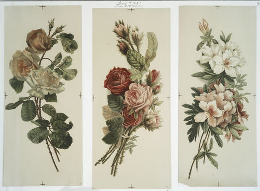 Christmas cards depicting flower arrangements.