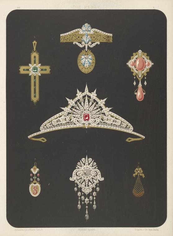 Seven designs for jewelry, including tiara with red stone