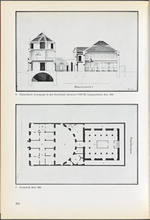 Düsseldorf, Synagoge in der Karlstadt, Entwurf 1787/89, Längsschnitt, Kat. 304; Grundriß, Kat. 300