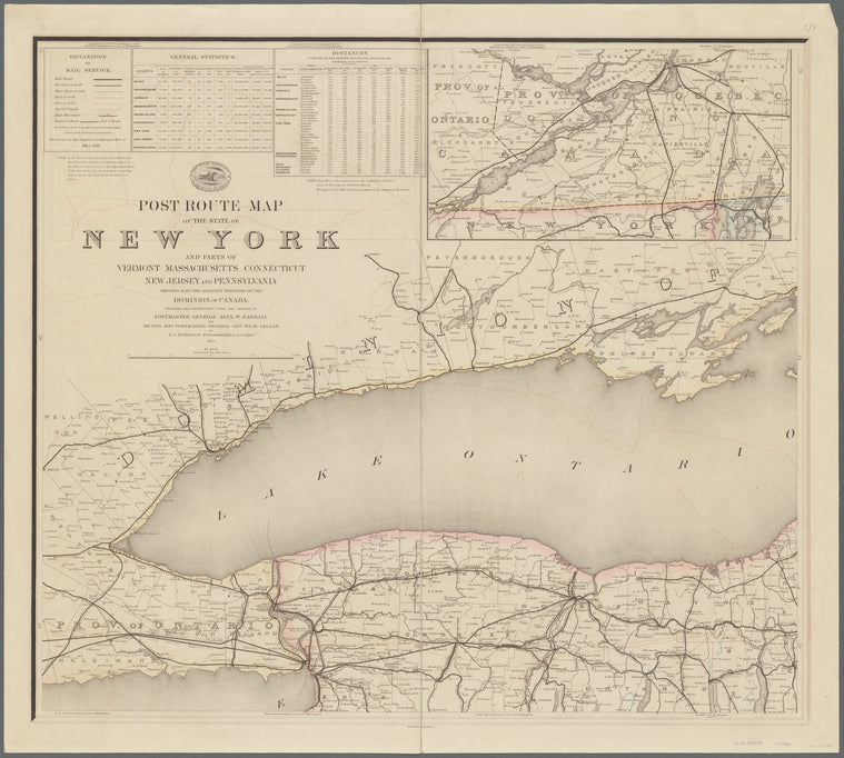 Post route map of the State of New York: and parts of Vermont, Massachusetts, Connecticut, New Jersey, and Pennsylvania, showing also the adjacent portions of the Dominion of Canada