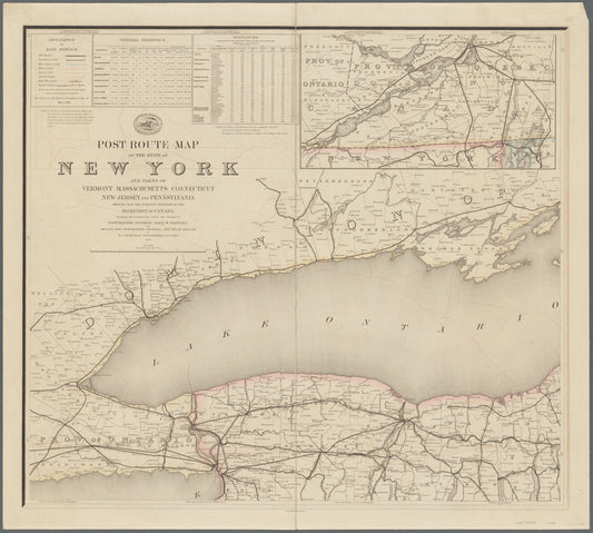 Post route map of the State of New York: and parts of Vermont, Massachusetts, Connecticut, New Jersey, and Pennsylvania, showing also the adjacent portions of the Dominion of Canada