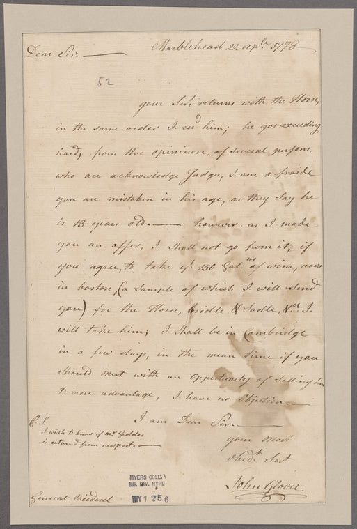 Glover, John. Marblehead. To General Riedesel