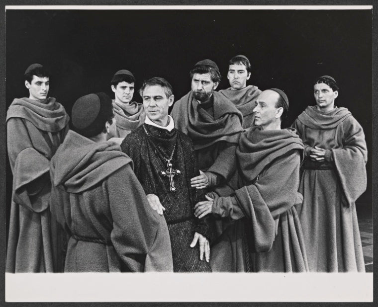 Joseph Wiseman [center] and unidentified others in the 1966 American Shakespeare Festival production of Murder in the Cathedral