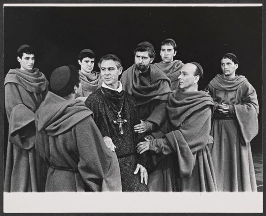 Joseph Wiseman [center] and unidentified others in the 1966 American Shakespeare Festival production of Murder in the Cathedral