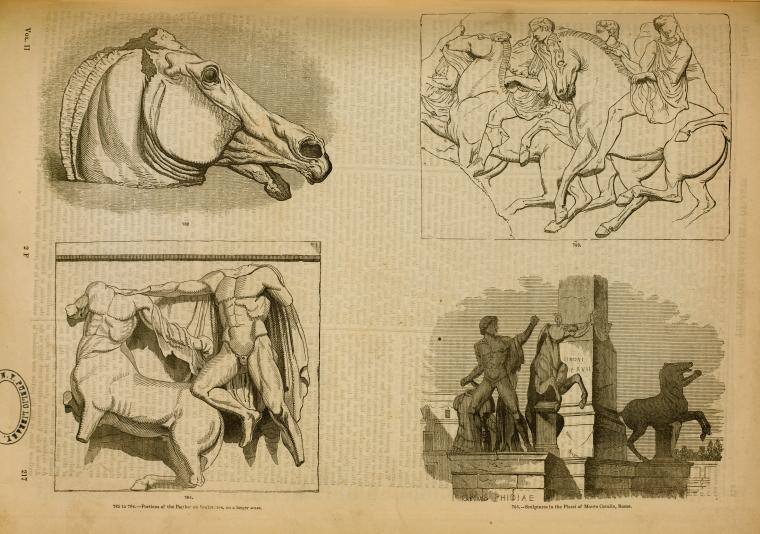 Portions of the Parthenon sculptures, on a larger scale; sculptures in the Piazzi of Monte Cavallo, Rome.