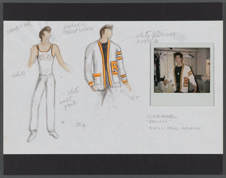 Grease: Costume sketches for Danny (Ricky Paull Goldin), with Polaroid photograph and measurement sheet
