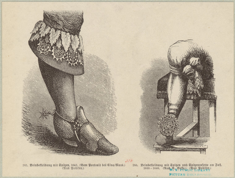 Beinbekleidung mit Spitzen 1642 ; Beinbekleidung mit spitzen und Spitzenrosette am Fuß (1639-1640)