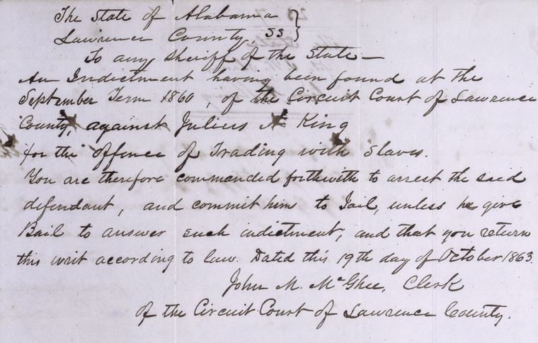 Arrest warrant for Julius King, indicted for slave trading, Lawrence County, Alabama.