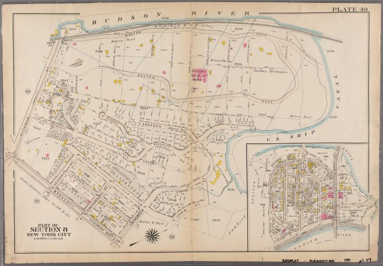 Plate 49: Bounded by Harlem River (N.Y,C. & H.R.R.R.), Channel Line (U.S. Ship Canal), Prescott Avenue, Emerson Street, Isham Street, Seaman Avenue, Emerson Street, Broadway (Kingsbridge Road), and Dyckman Street.
