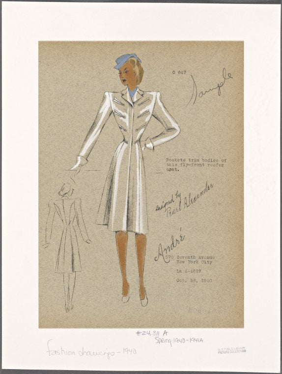 Fitted fly-front single-breasted reefer coat with arrow pocket detail on bodice.