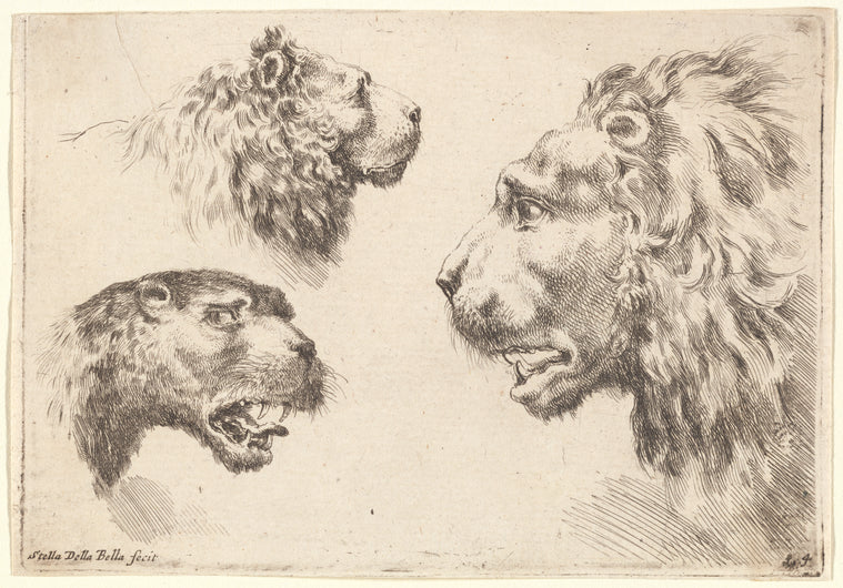 Deux têtes de lion, dont une grande et une petite, et une petite tête de tigre