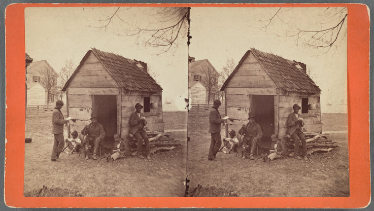 School house. [Man in a top hat in front of a shack with several boys with books.]