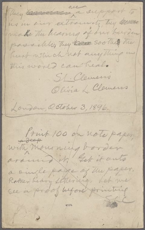 Acknowledgment of sympathy on the death of Susan Olivia Clemens, Holograph draft, signed.