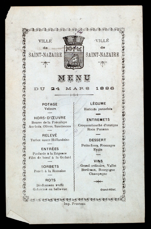 DINNER FOR M. FERDINAND DE LESSEPS AND CAPT.NATHAN APPLETON [held by] [THE CHAMBER OF COMMERCE] [at] VILLE DE SAINT-NAZAIRE (HOTEL)
