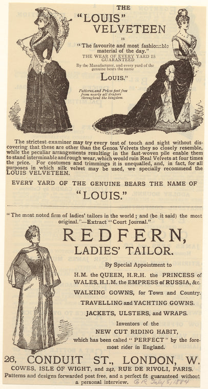 Advertisement for "Louis" velveteen fabric and Redfern ladies' tailor