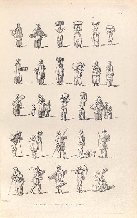 Women carrying baskets, sacks, or hay. Women with children. Men using walking sticks. Men carrying farming tools or baskets