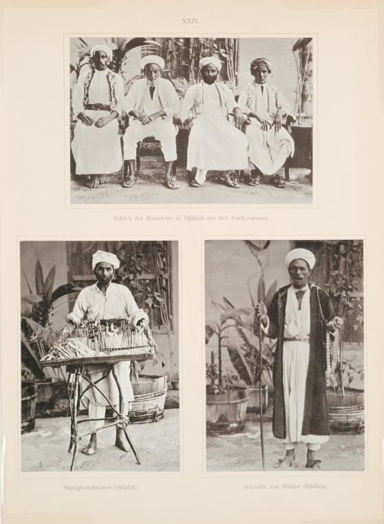 Schêch der Bootsleute in Djiddah [Jiddah] mit drei Zunftgenossen, Süssigkeitskrämer (Djiddah)[Jiddah], Ausrufer und Mäkler (Djiddah) [Jiddah].