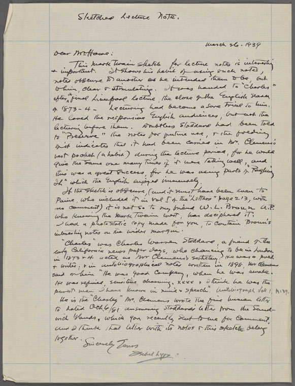 Notes in sketch form for a lecture. Inscribed to Charles [Warren Stoddart] at end of British lecture tour, "Jan. 9, 1874. 10.30pm."