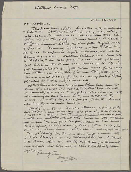 Notes in sketch form for a lecture. Inscribed to Charles [Warren Stoddart] at end of British lecture tour, "Jan. 9, 1874. 10.30pm."